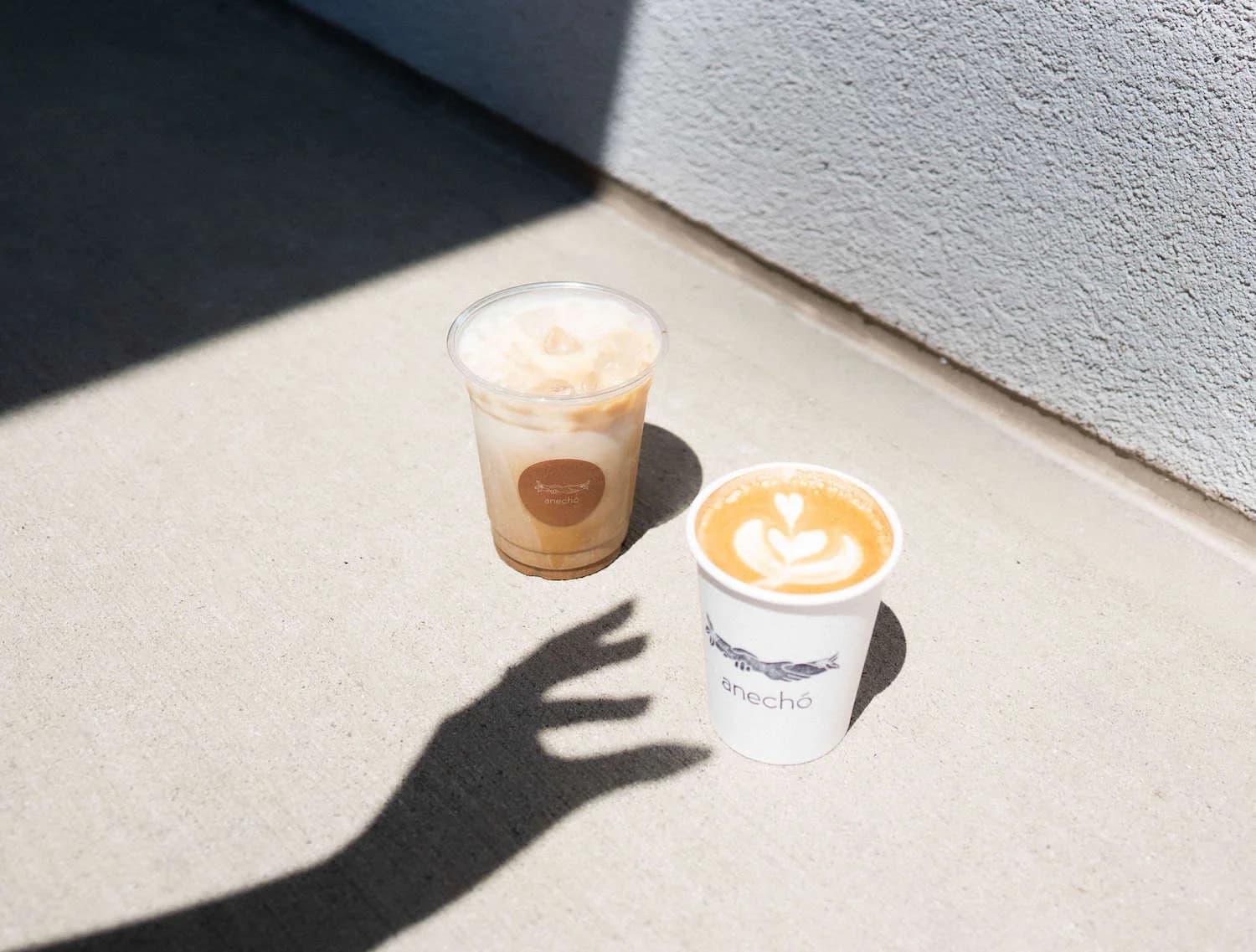 Hot latte with latte art and an iced coffee in Anechó branded cups at a workplace wellbeing day