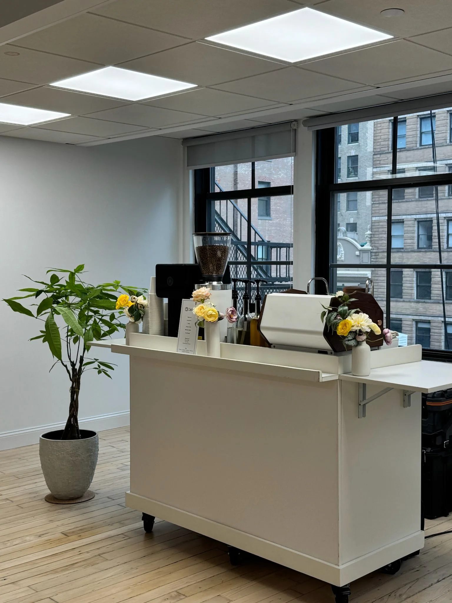 Compact Anechó coffee cart set up in a Manhattan office with only a small footprint and standard power